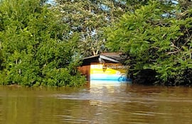 Cartel colorido parcialmente sumergido en agua rodeado de árboles verdes, sin personas visibles en un ambiente natural inundado.