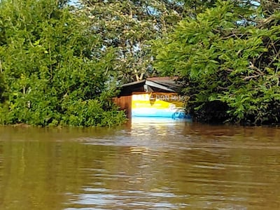 Cartel colorido parcialmente sumergido en agua rodeado de árboles verdes, sin personas visibles en un ambiente natural inundado.