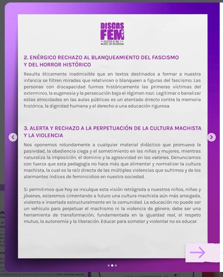 Comunicado en fondo púrpura con texto en español sobre el rechazo a la instrumentalización de la discapacidad.
