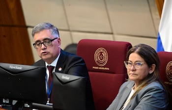 Miguel Báez Reyes, hombre canoso con traje oscuro, habla en el Legislativo. Mujer con chaqueta gris escucha atentamente.