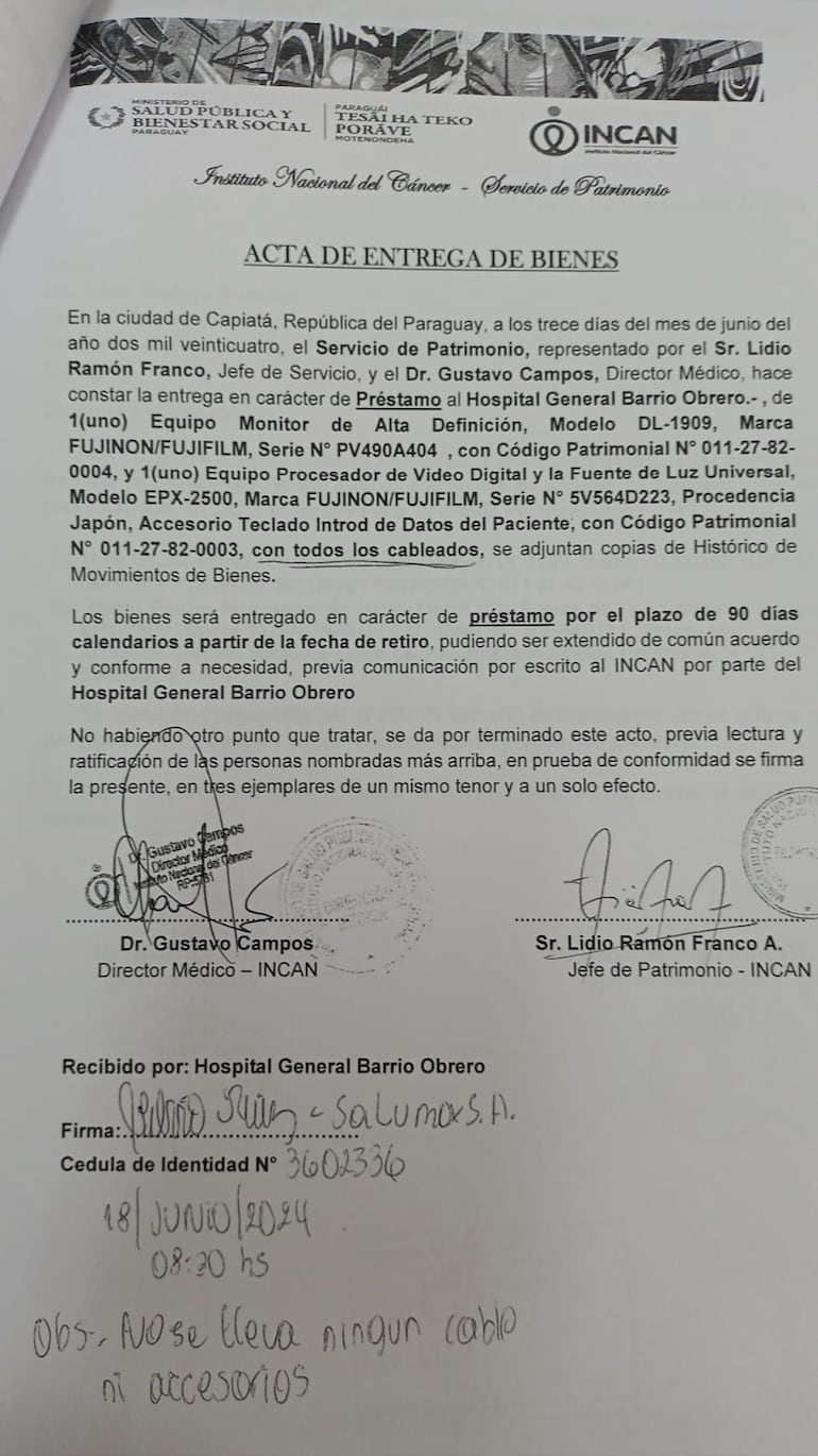 Acta de entrega de bienes del Incan, en donde se estipula un préstamo por 90 días al Hospital Barrio Obrero.