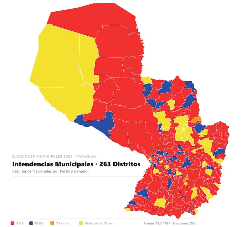Mapa político municipal tras las elecciones distritales del 2026.