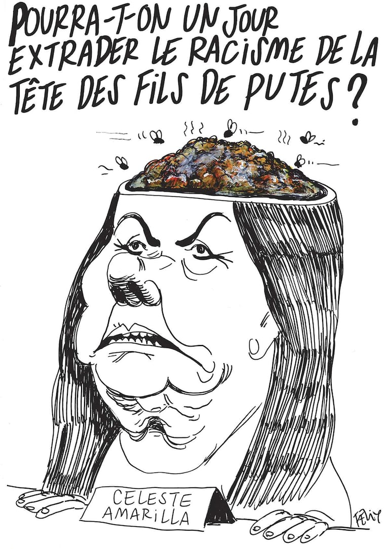 Celeste Amarilla con expresión de enojo en caricatura, rodeada de desechos, ilustrando su reciente controversia.