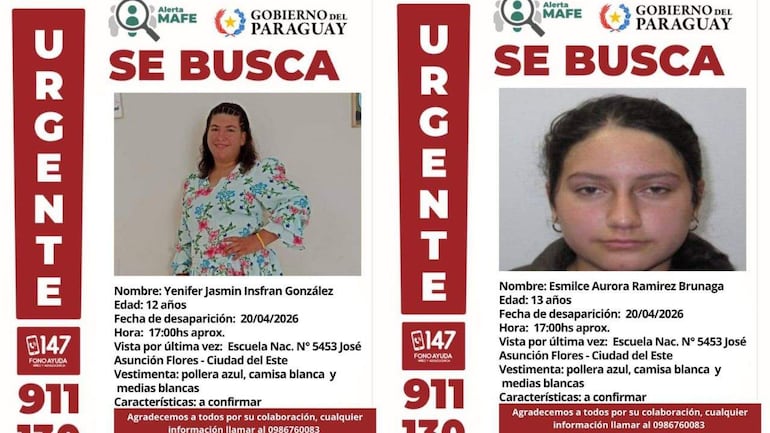 Carteles de búsqueda con fotos de Esmilce y Yenifer, vestidas con pollera azul y camisa blanca, en contexto de urgencia.