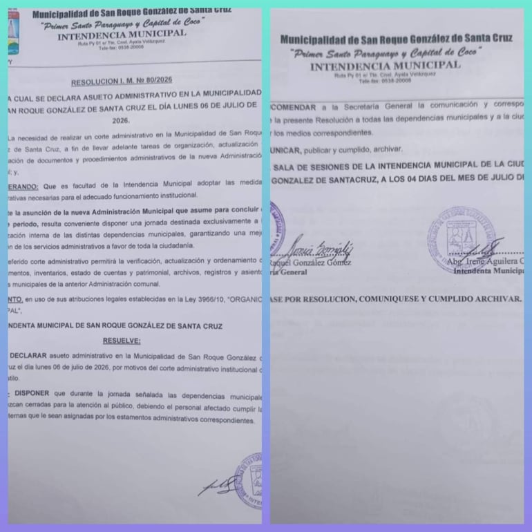 La intendenta interina Irene Aguilera (ANR) dictó una resolución por la cual se dispuso asueto administrativo en la Municipalidad de San Roque González.