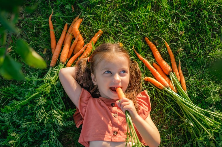 Niña come zanahorias.