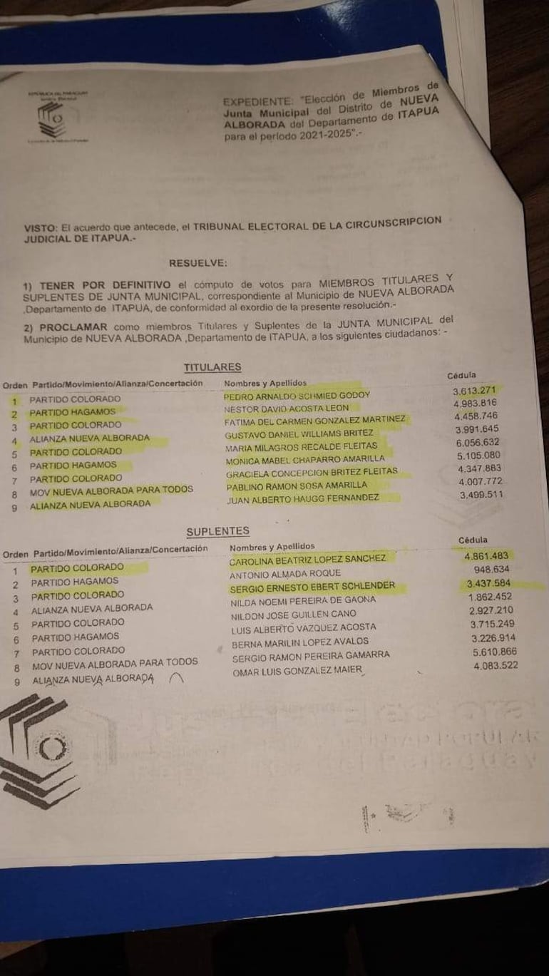 Documento oficial en primer plano, con texto impreso relacionado a la Junta Municipal de Nueva Alborada.