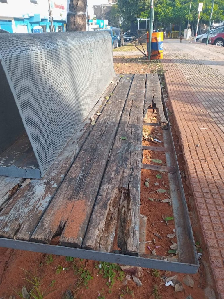 Banco de madera deteriorado cubierto de hojas secas, en una acera vacía de Avenida Quinta.