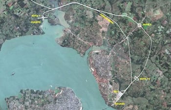 Mapa aéreo mostrando rutas y cuerpos de agua en el área de Encarnación sin personas presentes.