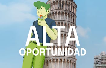 Personaje cartoon con vaso frente a la Torre Inclinada de Pisa, rodeado de turistas en un día soleado.
