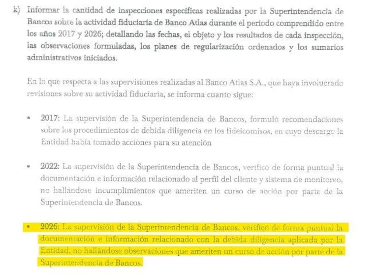 Documento escrito con texto sobre las inspecciones a Banco Atlas sin imágenes de personas.