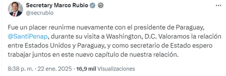 Publicación de la cuenta de X del secretario de Estado de los EE. UU., Marco Rubio.
