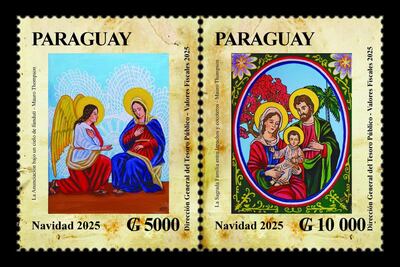 Estampillas alusivas a la Navidad 2025 puestas en circulación por el Correo Paraguayo.