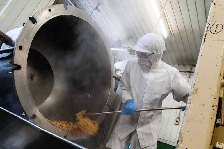Esta fotografía, tomada el 15 de mayo de 2026, muestra a un empleado colocando con una cuchara soja cocida en un recipiente en la planta de producción de natto Kamakurayama, en Kamakura, prefectura de Kanagawa.