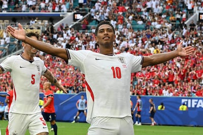 England's midfielder #10 Jude Bellingham celebrates scoring his team's second goal during the 2026 World Cup football tournament quarter-final match between Norway and England at Miami Stadium in Miami on July 11, 2026. (Photo by ROBERTO SCHMIDT / AFP)