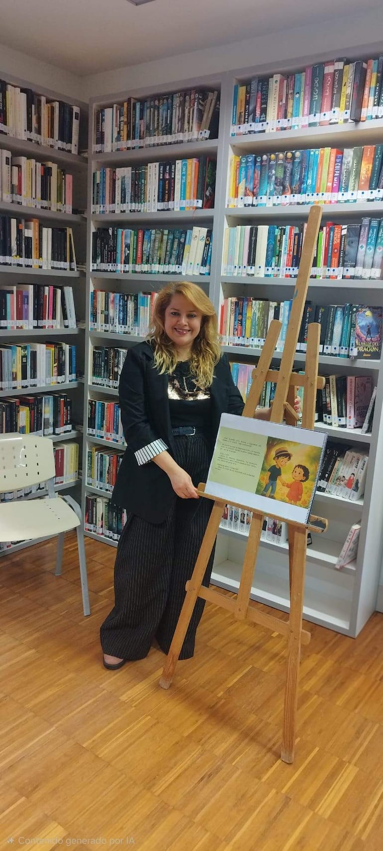 Mujer de cabello largo y ondulado, con blusa negra, sonríe junto a un caballete en una biblioteca llena de libros.