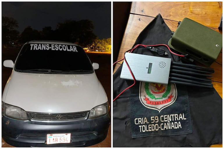 Furgón blanco con matrícula LAB 594 y equipo tecnológico con antenas, en un entorno oscuro y sin personas presentes.