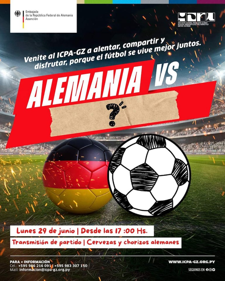 Cartel colorido con balones de fútbol y detalles del evento en el ICPA-GZ para alentar a la Albirroja.