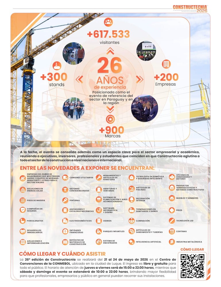 Póster informativo de Constructecnia 2026, destacando estadísticas y tecnología en un fondo relacionado con la construcción.