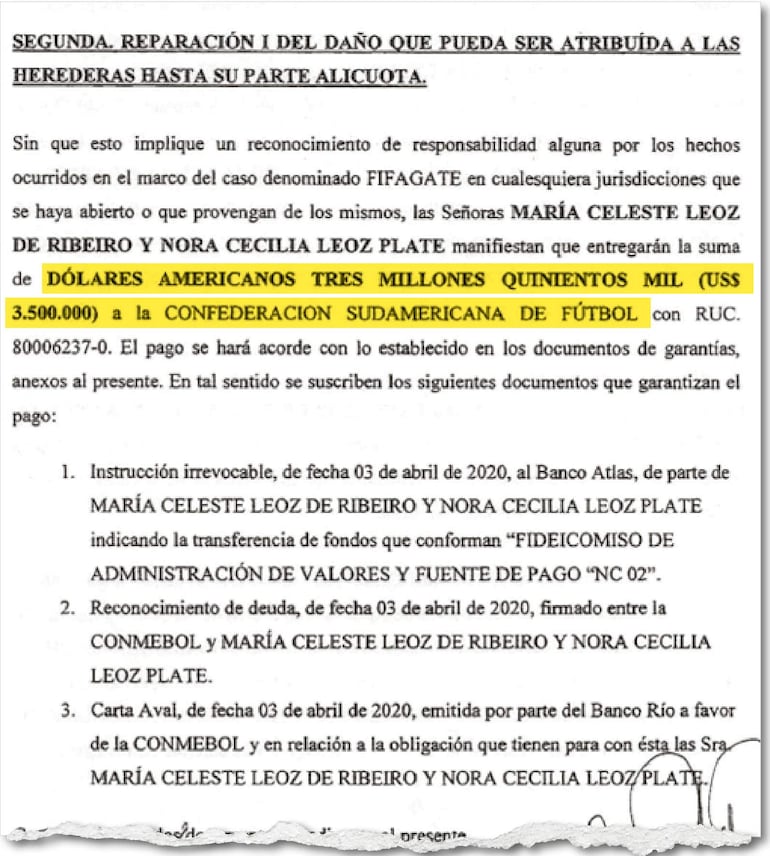 En  uno de los pactos se estableció la entrega de US$ 3.500.000 previa firma de una carta aval.
