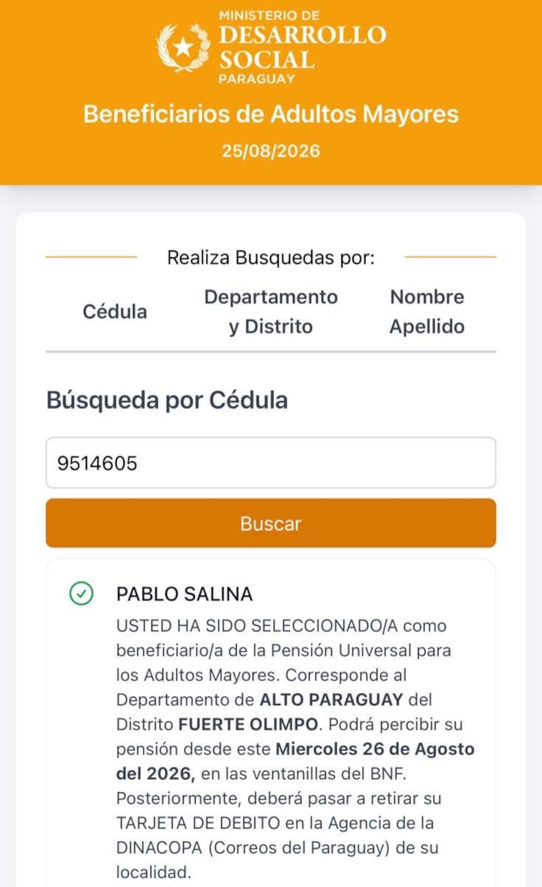 Formato digital del Ministerio de Desarrollo Social con información sobre la pensión para adultos mayores, destacando a Pablo Salina.