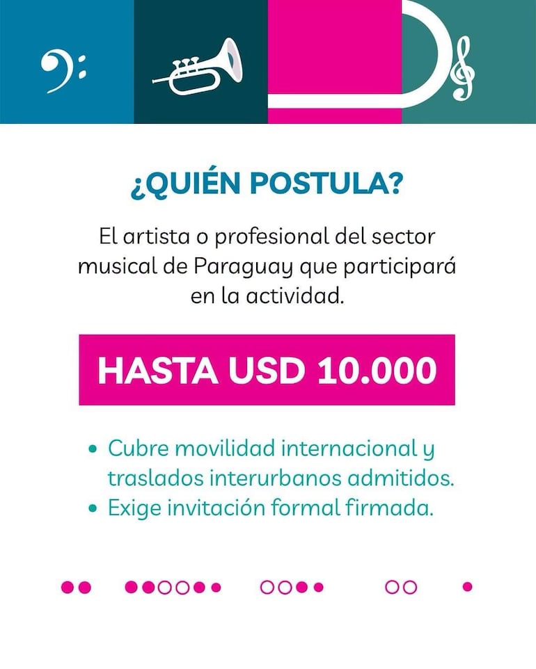 Póster informativo con iconografía musical y texto sobre financiación para artistas, sin personas visibles.