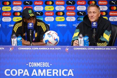 HOUSTON, TEXAS - JUNE 21: Kasey Palmer and Heimir Hallgrimsson, coach of Jamaica during a press conference at NRG Stadium on June 21, 2024 in Houston, Texas. Hector Vivas/Getty Images/AFP (Photo by Hector Vivas / GETTY IMAGES NORTH AMERICA / Getty Images via AFP)