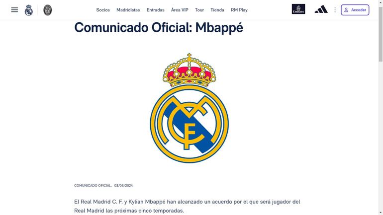 El comunicado de presentación de Kylian Mbappé en el Real Madrid.