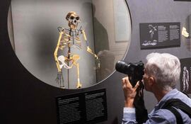 Un fotógrafo toma fotos del modelo de esqueleto basado en fragmentos óseos del ancestro humano Australopithecus afarensis “Lucy”, hallado en Etiopía, en el Museo Nacional Checo en Praga, el 25 de agosto de 2025.