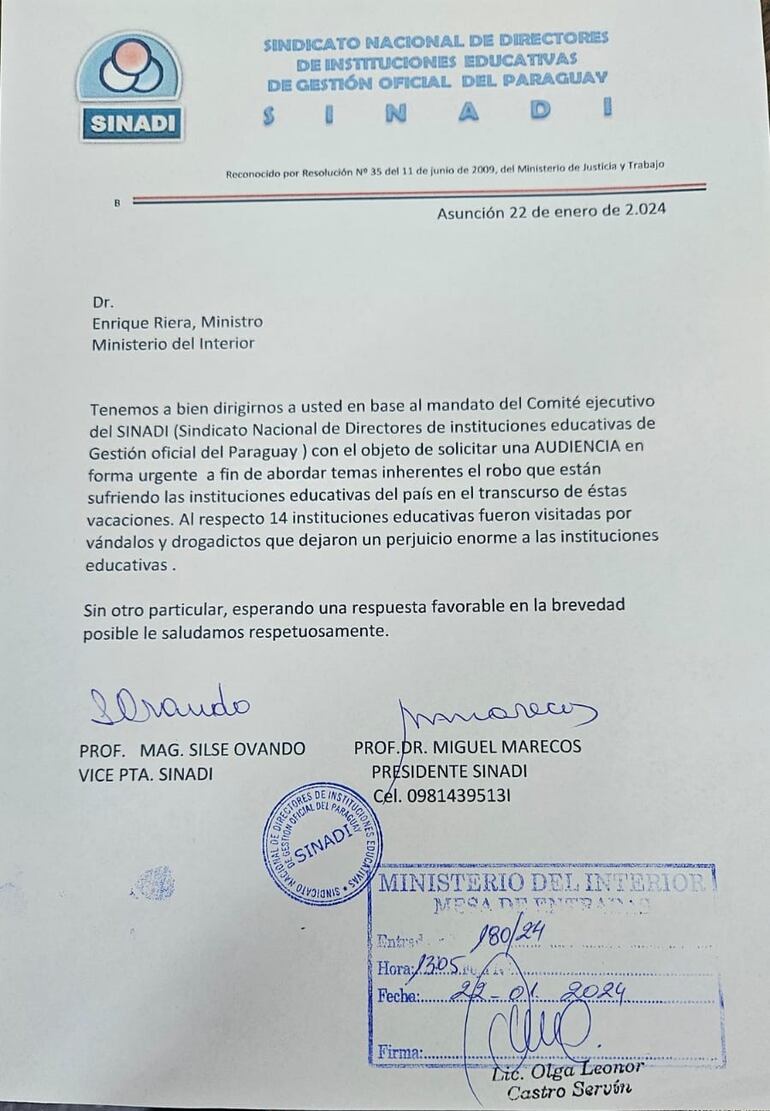 Nota del Sindicato de Directores exigiendo una reunión al ministro del Interior, Enrique Riera.