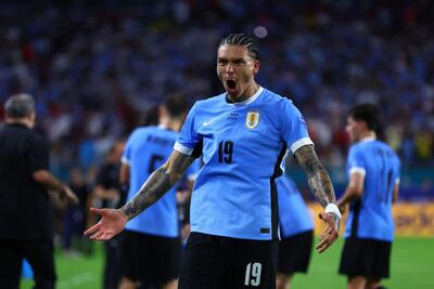 Darwin Núñez, futbolista de la selección de Uruguay, celebra un gol en el partido frente a Panamá por la primera fecha del Grupo C de la Copa América 2024 en el Hard Rock Stadium, en Miami Gardens, Florida.
