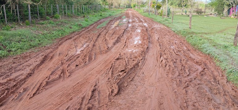 Camino rural en mal estado cubierto de barro, flanqueado por vegetación verde y una posible construcción al fondo.