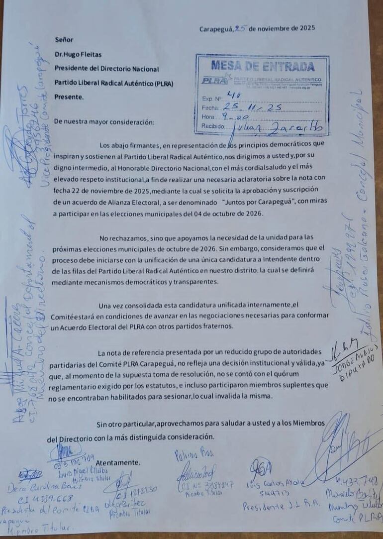 Carapeguá: Tensiones internas en el PLRA complican alianzas para 2026