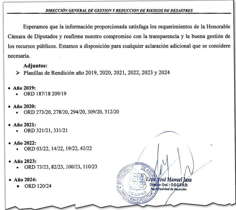 En el informe, la Municipalidad cita las ordenanzas por las que se declaró emergencia cada año.