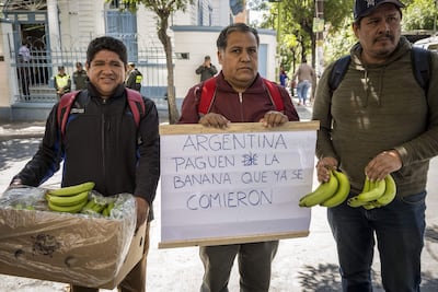 Productores de banano protestan para exigir el pago de más de 12 millones dólares que se les debe por las exportaciones de la fruta al mercado argentino, frente a la Embajada de Argentina en La Paz (Bolivia). (EFE)