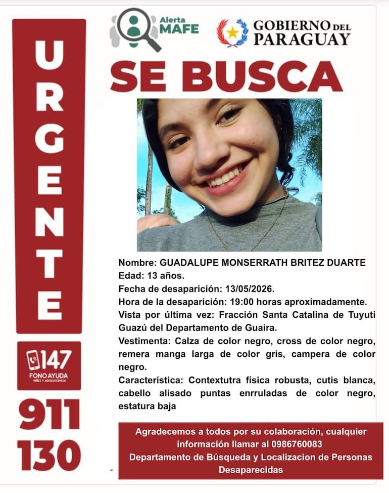 Alerta MAFE difundida este 14 de mayo para buscar a Guadalupe Britez.