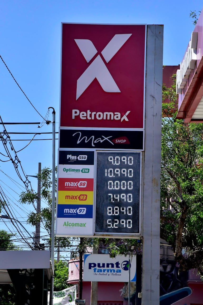 Cartel de estación de servicio Petromax con precios de combustibles variados en 4ta proyectada equina Iturbe.