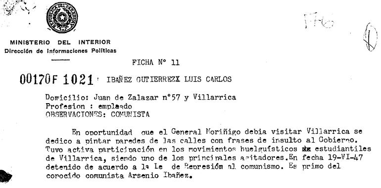 Ficha de la detención de Ibáñez, junio de 1947 (Centro de Documentación y Archivo para la Defensa de los Derechos Humanos, Asunción)