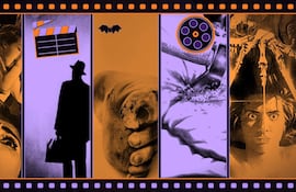 Collage de posters de terror, destacando personajes icónicos y colores oscuros, evocando emociones de miedo.