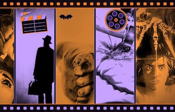 Collage de posters de terror, destacando personajes icónicos y colores oscuros, evocando emociones de miedo.