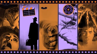 Collage de posters de terror, destacando personajes icónicos y colores oscuros, evocando emociones de miedo.
