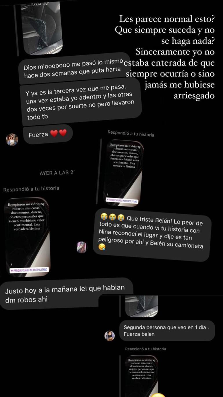 Respuestas que recibió Belén a su posteo sobre el robo del que fue víctima.