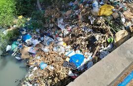 Vista de la basura en el cauce del arroyo Zeballos, en Zeballos Cue, Asunción.