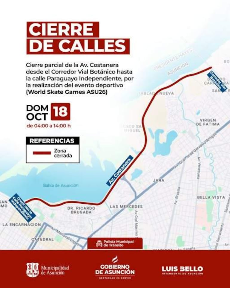 Mapa informativo sobre el cierre de calles en Asunción, resaltando logotipos de Municipalidad y Policía Municipal de Tránsito.