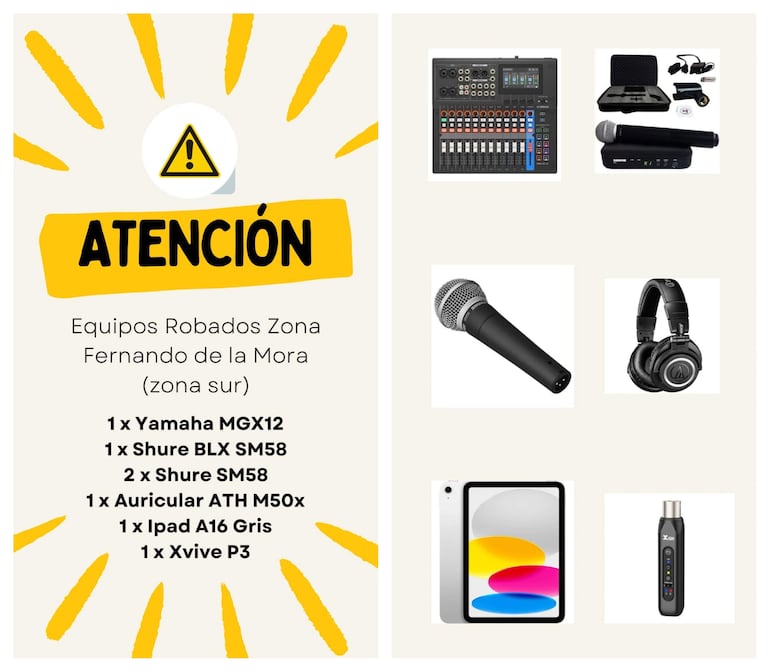 Aviso sobre equipos robados, con lista detallada en fondo neutro. Sin personas visibles.