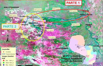 Trazado del acueducto central que ya está operando. Con el incremento del contrato, se llegará a Mariscal Estigarribia desde Filadelfia, lo que también puede verse en el mapa.