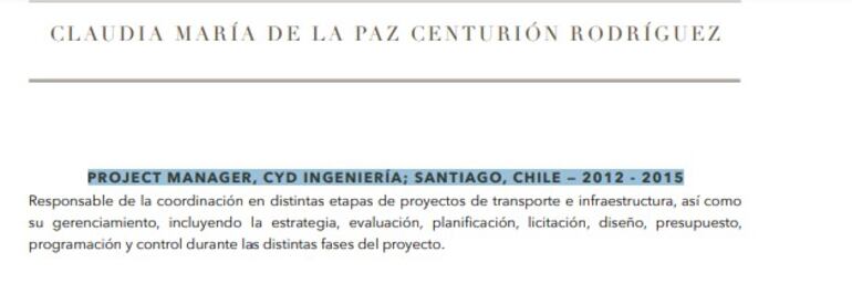 En e CV de la ministra, resalta que fue empleada de C Y D Ingeniería.