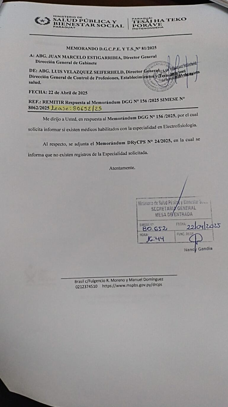 El 22 de abril del 2025, la Dirección General de Control de Profesionales, respondió a la Dirección General de Gabinete, que no tienen registro de médicos habilitados para la especialidad de electrofisiología.