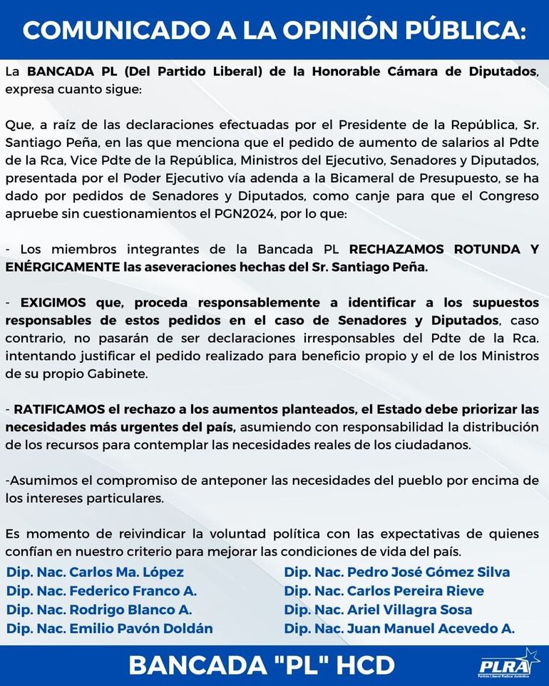 Comunicado de la bancada PL del PLRA en Diputados.