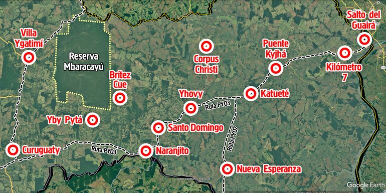 Mapa de Canindeyú con las zonas de influencia del asesino Felipe Santiago Acosta Riveros, alias Macho.